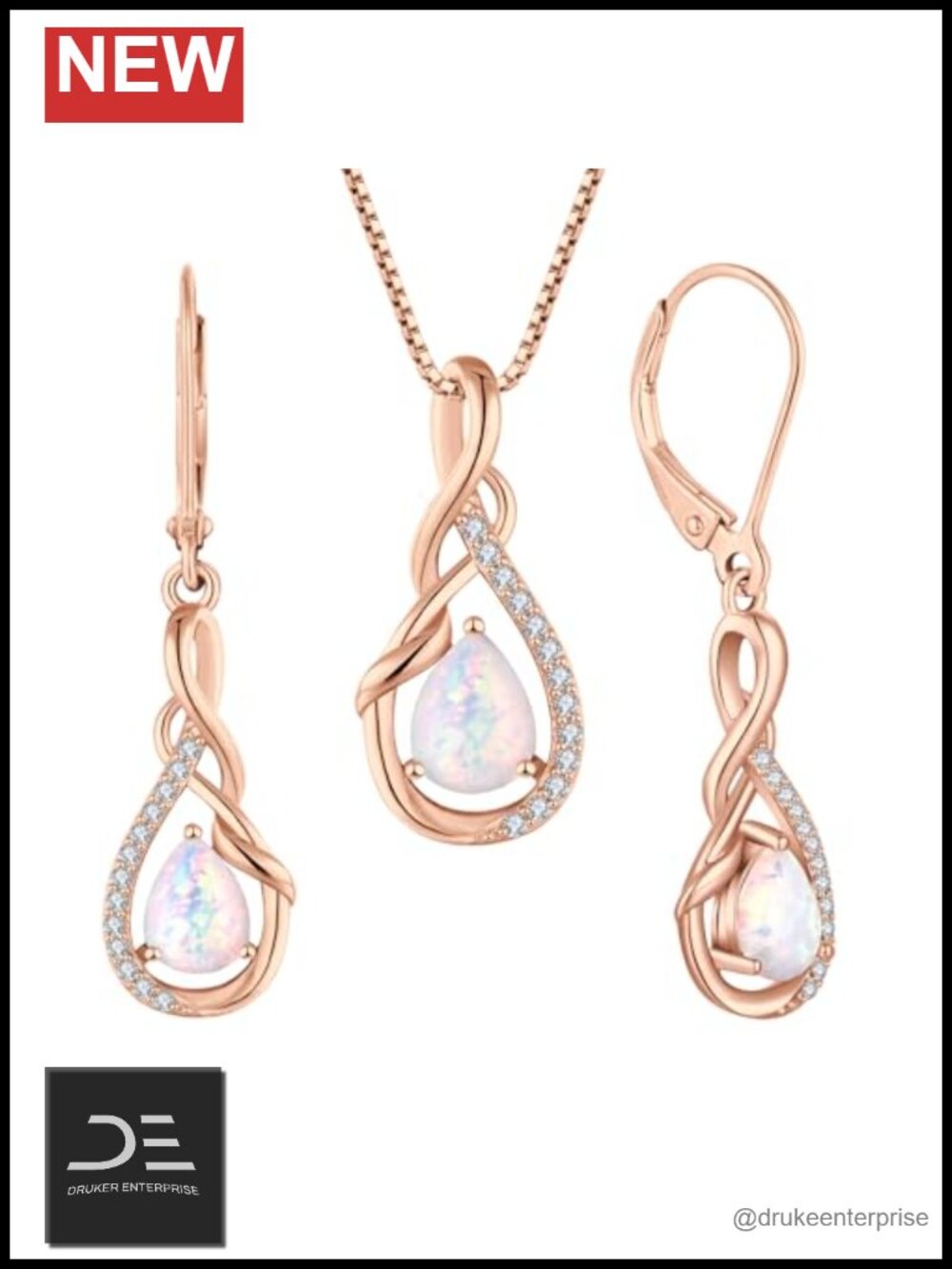925 Sterling Silver Rose Gold Plated Created Opal Infinity Teardrop Jewelry Set